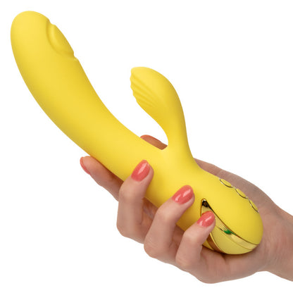 California Dreaming® San Diego Seduction rabbit vibrator with tapping clitoral teaser and G-spot shaft thumping.

rabbit vibrator with tapping, G-spot and clitoral vibrator, triple motor vibrator, silicone waterproof vibrator, rechargeable rabbit vibrator, customizable tapping vibrator, 10-function rabbit vibrator, 3-speed shaft vibrator, luxury yellow vibrator.

