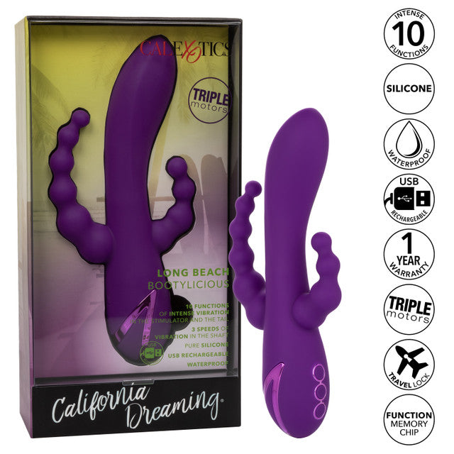 The California Dreaming® Long Beach Bootylicious is a triple-action vibrator with a G-spot shaft, clitoral teaser, and vibrating tail. With 3 speeds, 10 functions, and independent controls, it’s designed for ultimate pleasure.

triple-action vibrator, G-spot and clitoral vibrator, vibrating tail, dual-penetration vibrator, silicone waterproof vibrator, rechargeable triple-action massager, clitoral teaser vibrator, versatile vibrator, 10-function vibrator.