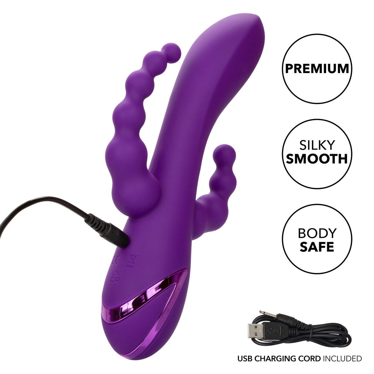 The California Dreaming® Long Beach Bootylicious is a triple-action vibrator with a G-spot shaft, clitoral teaser, and vibrating tail. With 3 speeds, 10 functions, and independent controls, it’s designed for ultimate pleasure.

triple-action vibrator, G-spot and clitoral vibrator, vibrating tail, dual-penetration vibrator, silicone waterproof vibrator, rechargeable triple-action massager, clitoral teaser vibrator, versatile vibrator, 10-function vibrator.