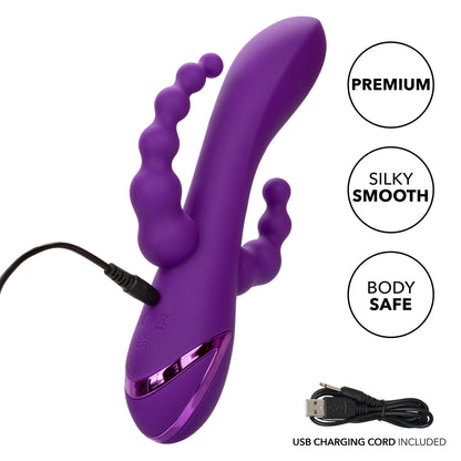 The California Dreaming® Long Beach Bootylicious is a triple-action vibrator with a G-spot shaft, clitoral teaser, and vibrating tail. With 3 speeds, 10 functions, and independent controls, it’s designed for ultimate pleasure.

triple-action vibrator, G-spot and clitoral vibrator, vibrating tail, dual-penetration vibrator, silicone waterproof vibrator, rechargeable triple-action massager, clitoral teaser vibrator, versatile vibrator, 10-function vibrator.