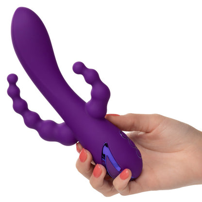 The California Dreaming® Long Beach Bootylicious is a triple-action vibrator with a G-spot shaft, clitoral teaser, and vibrating tail. With 3 speeds, 10 functions, and independent controls, it’s designed for ultimate pleasure.

triple-action vibrator, G-spot and clitoral vibrator, vibrating tail, dual-penetration vibrator, silicone waterproof vibrator, rechargeable triple-action massager, clitoral teaser vibrator, versatile vibrator, 10-function vibrator.