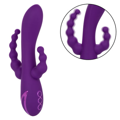 The California Dreaming® Long Beach Bootylicious is a triple-action vibrator with a G-spot shaft, clitoral teaser, and vibrating tail. With 3 speeds, 10 functions, and independent controls, it’s designed for ultimate pleasure.

triple-action vibrator, G-spot and clitoral vibrator, vibrating tail, dual-penetration vibrator, silicone waterproof vibrator, rechargeable triple-action massager, clitoral teaser vibrator, versatile vibrator, 10-function vibrator.