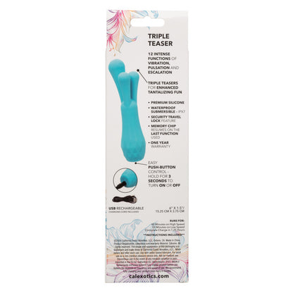 Gia™ Triple Teaser Blue silicone triple teaser vibrator with 12 vibration modes, waterproof design, USB rechargeable, and memory chip for personalized pleasure. triple stimulator vibrator, waterproof vibrator, USB rechargeable vibrator, 12-function vibrator, body-safe silicone, phthalate-free, travel lock, versatile vibrator, IPX7 waterproof toy.