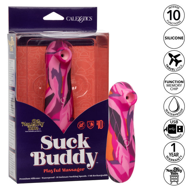 The Naughty Bits® Suck Buddy™ Playful Massager - 
Compact pink and orange clitoral massager with 10 vibration speeds, contoured teaser, and USB rechargeable waterproof design. 
Keywords: clitoral suction vibrator, Naughty Bits collection, compact clitoral toy, waterproof massager, USB rechargeable vibrator, 10-speed clitoral massager, pink and orange suction toy, phthalate-free massager, 