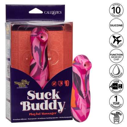 The Naughty Bits® Suck Buddy™ Playful Massager - 
Compact pink and orange clitoral massager with 10 vibration speeds, contoured teaser, and USB rechargeable waterproof design. 
Keywords: clitoral suction vibrator, Naughty Bits collection, compact clitoral toy, waterproof massager, USB rechargeable vibrator, 10-speed clitoral massager, pink and orange suction toy, phthalate-free massager, 