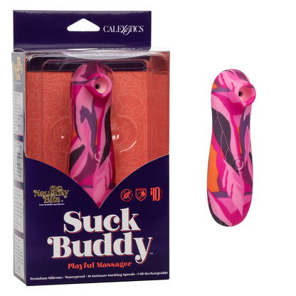 The Naughty Bits® Suck Buddy™ Playful Massager - 
Compact pink and orange clitoral massager with 10 vibration speeds, contoured teaser, and USB rechargeable waterproof design. 
Keywords: clitoral suction vibrator, Naughty Bits collection, compact clitoral toy, waterproof massager, USB rechargeable vibrator, 10-speed clitoral massager, pink and orange suction toy, phthalate-free massager, 