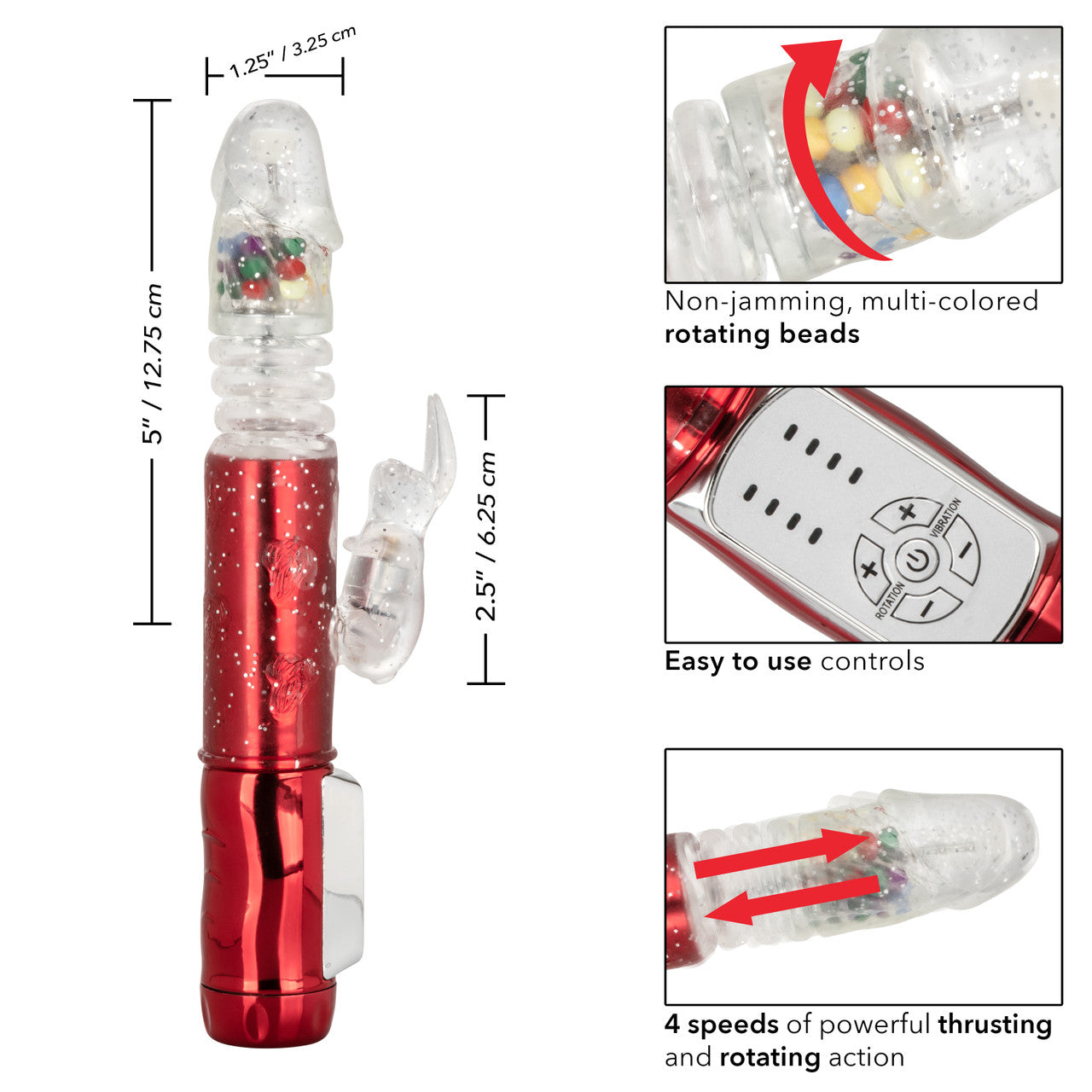 Red metallic rabbit vibrator with thrusting shaft, gum ball accents, and 10 vibration functions featuring a flickering rabbit teaser.
Keywords: thrusting rabbit vibrator, 4-speed vibrator, 10-function rabbit vibe, waterproof thrusting vibrator, Naughty Bits collection, metallic red rabbit vibrator, flickering bunny vibrator, synchronized rotating bead vibrator, customizable rabbit vibrator.