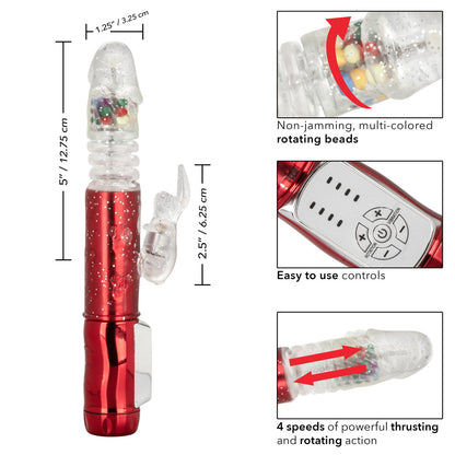 Red metallic rabbit vibrator with thrusting shaft, gum ball accents, and 10 vibration functions featuring a flickering rabbit teaser.
Keywords: thrusting rabbit vibrator, 4-speed vibrator, 10-function rabbit vibe, waterproof thrusting vibrator, Naughty Bits collection, metallic red rabbit vibrator, flickering bunny vibrator, synchronized rotating bead vibrator, customizable rabbit vibrator.