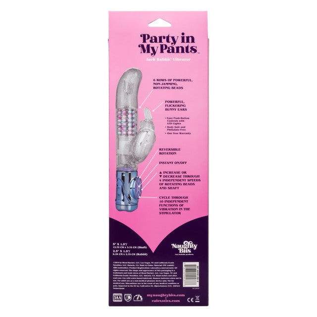 The Naughty Bits™ Party In My Pants™ Jack Rabbit® Vibrator - Multi-colored holographic rabbit vibrator with 10 vibration functions, rotating beads, and a waterproof design. Keywords: holographic rabbit vibrator, Naughty Bits Jack Rabbit, multi-colored waterproof vibrator, 10-function rabbit vibrator, rotating bead vibrator, clitoral teaser rabbit, 4-speed rotating vibrator, phthalate-free