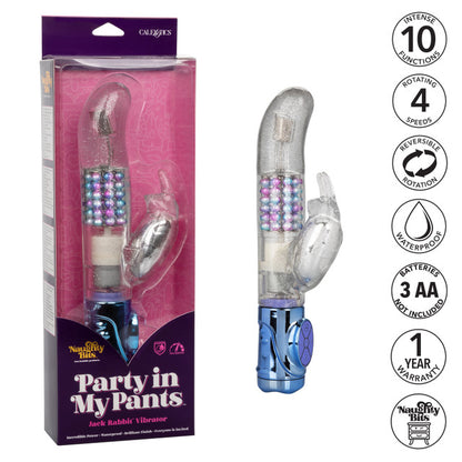 The Naughty Bits™ Party In My Pants™ Jack Rabbit® Vibrator - Multi-colored holographic rabbit vibrator with 10 vibration functions, rotating beads, and a waterproof design. Keywords: holographic rabbit vibrator, Naughty Bits Jack Rabbit, multi-colored waterproof vibrator, 10-function rabbit vibrator, rotating bead vibrator, clitoral teaser rabbit, 4-speed rotating vibrator, phthalate-free