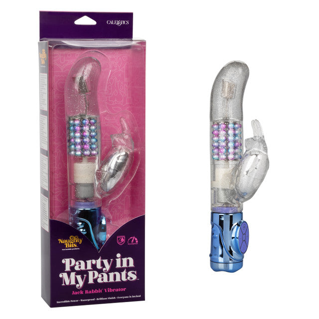 The Naughty Bits™ Party In My Pants™ Jack Rabbit® Vibrator - Multi-colored holographic rabbit vibrator with 10 vibration functions, rotating beads, and a waterproof design. Keywords: holographic rabbit vibrator, Naughty Bits Jack Rabbit, multi-colored waterproof vibrator, 10-function rabbit vibrator, rotating bead vibrator, clitoral teaser rabbit, 4-speed rotating vibrator, phthalate-free