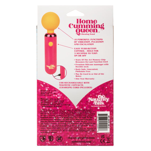 Naughty Bits Home Cumming Queen Rechargeable Silicone Vibrating Wand - Pink vibrating wand with flexible silicone head, 10 vibration functions, waterproof design, and USB rechargeable.
Keywords: silicone vibrating wand, Naughty Bits collection, pink waterproof vibrator, flexible head massager, 10-function wand, USB rechargeable vibrator, phthalate-free massager, personal massager wand, bold pink vibrator.