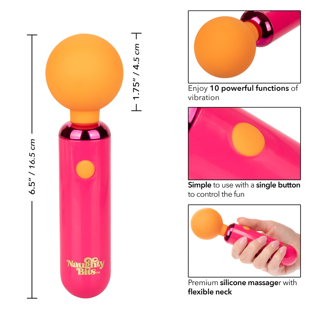 Naughty Bits Home Cumming Queen Rechargeable Silicone Vibrating Wand - Pink vibrating wand with flexible silicone head, 10 vibration functions, waterproof design, and USB rechargeable.
Keywords: silicone vibrating wand, Naughty Bits collection, pink waterproof vibrator, flexible head massager, 10-function wand, USB rechargeable vibrator, phthalate-free massager, personal massager wand, bold pink vibrator.