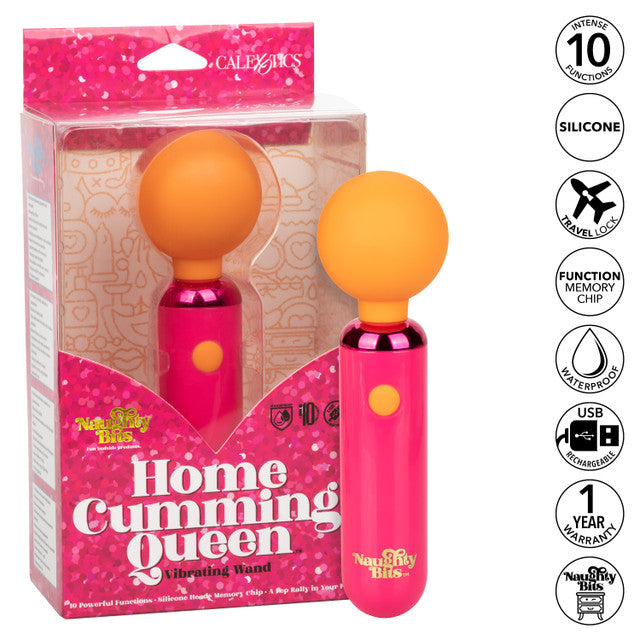 Naughty Bits Home Cumming Queen Rechargeable Silicone Vibrating Wand - Pink vibrating wand with flexible silicone head, 10 vibration functions, waterproof design, and USB rechargeable.
Keywords: silicone vibrating wand, Naughty Bits collection, pink waterproof vibrator, flexible head massager, 10-function wand, USB rechargeable vibrator, phthalate-free massager, personal massager wand, bold pink vibrator.