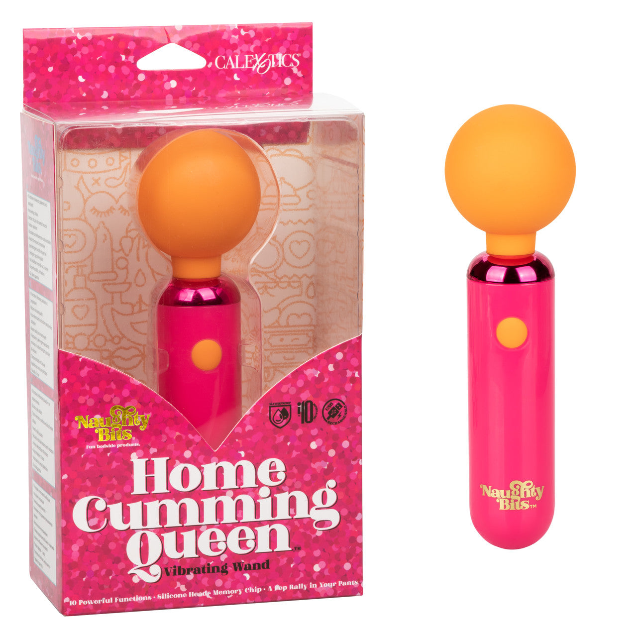 Naughty Bits Home Cumming Queen Rechargeable Silicone Vibrating Wand - Pink vibrating wand with flexible silicone head, 10 vibration functions, waterproof design, and USB rechargeable.
Keywords: silicone vibrating wand, Naughty Bits collection, pink waterproof vibrator, flexible head massager, 10-function wand, USB rechargeable vibrator, phthalate-free massager, personal massager wand, bold pink vibrator.