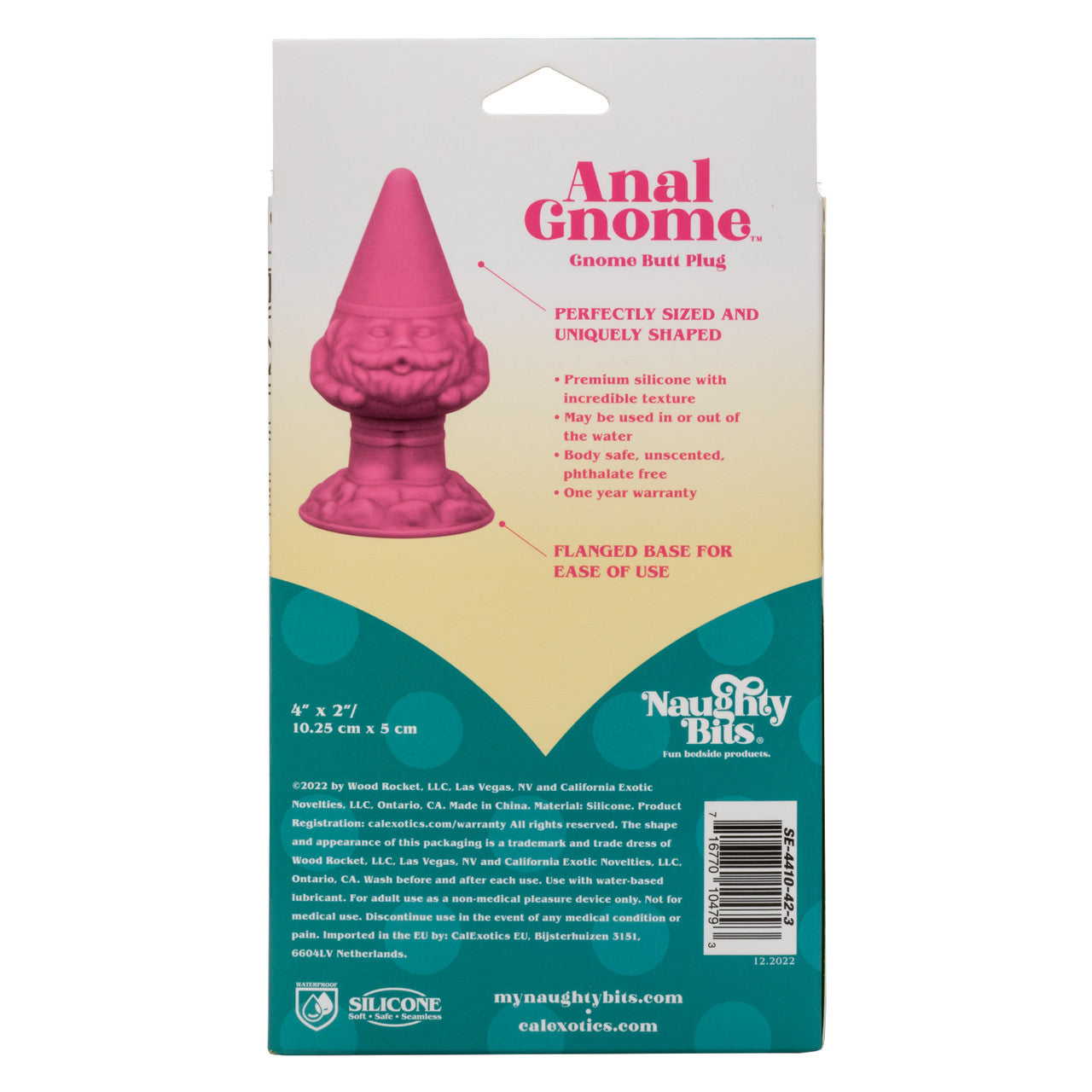 Pink silicone gnome-shaped butt plug with rippled texture, 2-inch girth, flanged base, and body-safe waterproof design.
Keywords: Naughty Bits Anal Gnome, gnome butt plug, pink silicone butt plug, textured anal plug, 2-inch girth anal toy, body-safe anal plug, waterproof butt plug, flanged base anal toy, whimsical anal plug, playful silicone plug.