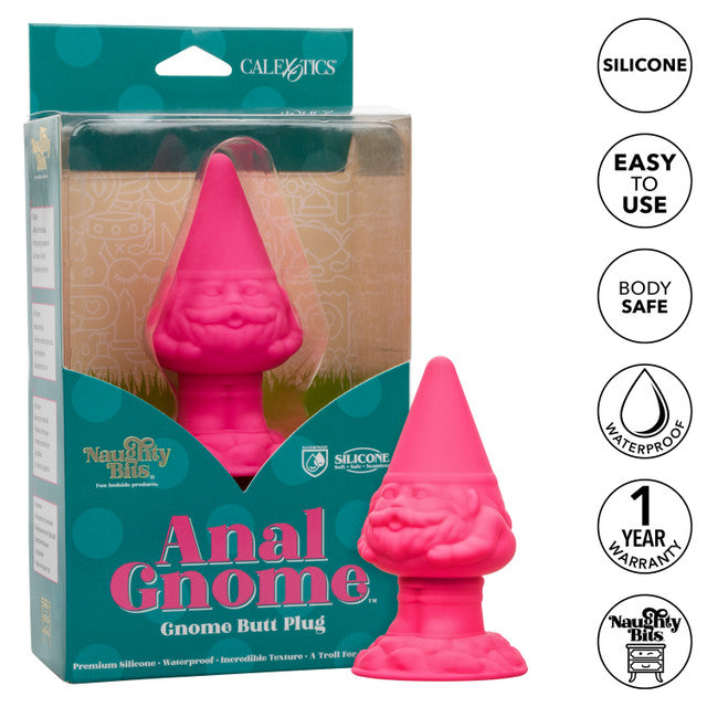 Pink silicone gnome-shaped butt plug with rippled texture, 2-inch girth, flanged base, and body-safe waterproof design.
Keywords: Naughty Bits Anal Gnome, gnome butt plug, pink silicone butt plug, textured anal plug, 2-inch girth anal toy, body-safe anal plug, waterproof butt plug, flanged base anal toy, whimsical anal plug, playful silicone plug.