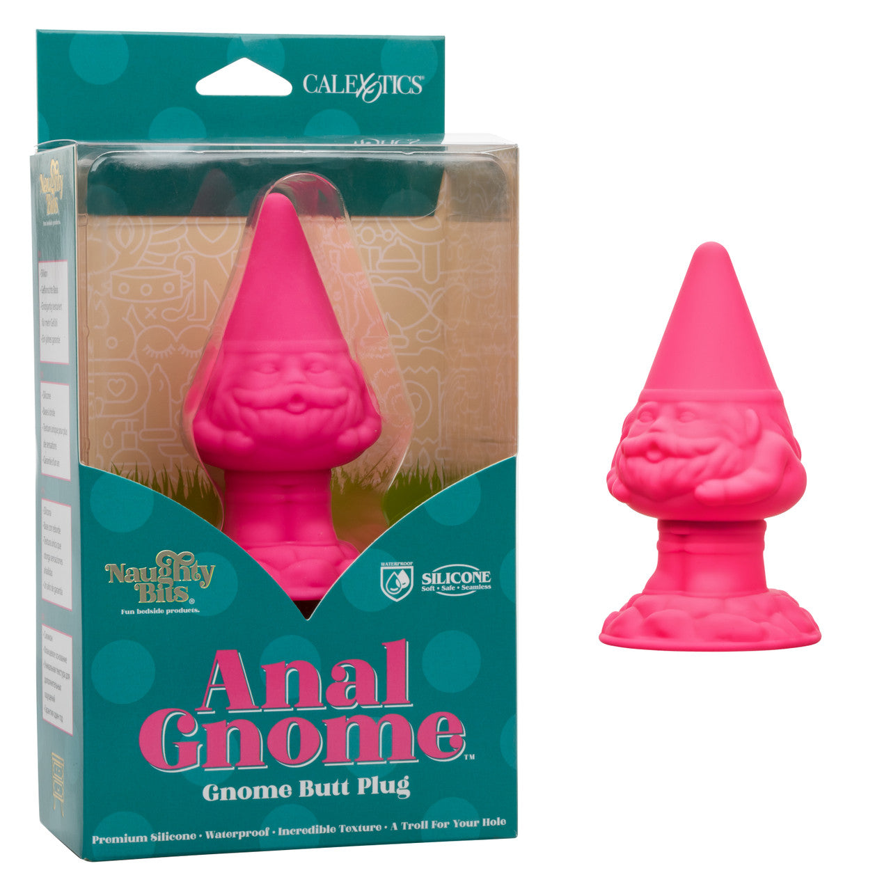 Pink silicone gnome-shaped butt plug with rippled texture, 2-inch girth, flanged base, and body-safe waterproof design.
Keywords: Naughty Bits Anal Gnome, gnome butt plug, pink silicone butt plug, textured anal plug, 2-inch girth anal toy, body-safe anal plug, waterproof butt plug, flanged base anal toy, whimsical anal plug, playful silicone plug.