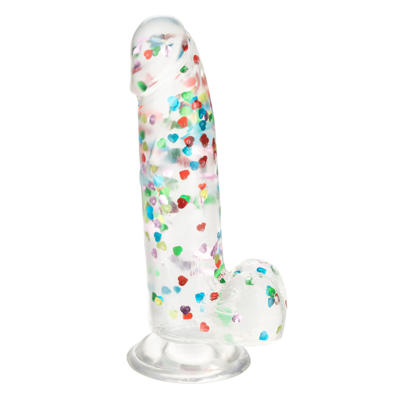 Naughty Bits™ I Love Dick Heart Filled Dong with sparkling heart confetti, suction cup base, and life-like design.
heart confetti dildo, life-like suction cup dong, harness-compatible dildo, TPR material sex toy, waterproof dildo, realistic dong, playful stylish dildo, compact 6-inch dildo, sparkling heart-filled dong