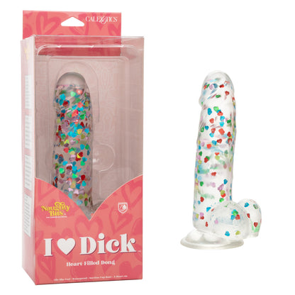 Naughty Bits™ I Love Dick Heart Filled Dong with sparkling heart confetti, suction cup base, and life-like design.
heart confetti dildo, life-like suction cup dong, harness-compatible dildo, TPR material sex toy, waterproof dildo, realistic dong, playful stylish dildo, compact 6-inch dildo, sparkling heart-filled dong