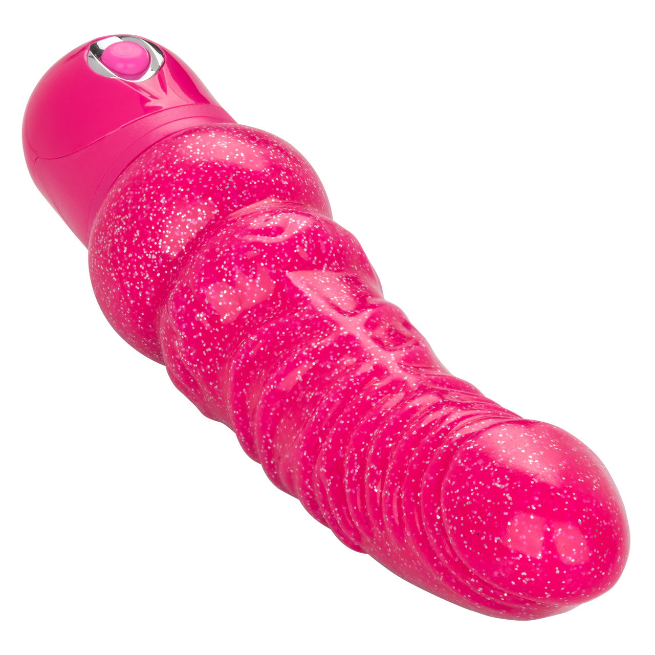 The Naughty Bits® Lady Boner™ Bendable Personal Vibrator - Pink glitter bendable vibrator with realistic veins and head, featuring 10 vibration functions and a waterproof design. Keywords: bendable glitter vibrator, Naughty Bits collection, pink glitter vibe, waterproof personal vibrator, realistic textured vibrator, 10-function vibrator, phthalate-free vibrator, flexible waterproof vibrator, travel-friendly vibrator.