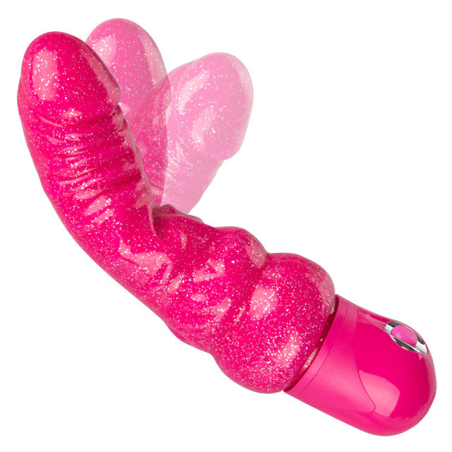 The Naughty Bits® Lady Boner™ Bendable Personal Vibrator - Pink glitter bendable vibrator with realistic veins and head, featuring 10 vibration functions and a waterproof design. Keywords: bendable glitter vibrator, Naughty Bits collection, pink glitter vibe, waterproof personal vibrator, realistic textured vibrator, 10-function vibrator, phthalate-free vibrator, flexible waterproof vibrator, travel-friendly vibrator.