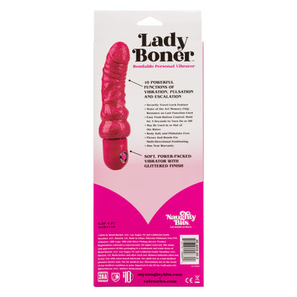 The Naughty Bits® Lady Boner™ Bendable Personal Vibrator - Pink glitter bendable vibrator with realistic veins and head, featuring 10 vibration functions and a waterproof design. Keywords: bendable glitter vibrator, Naughty Bits collection, pink glitter vibe, waterproof personal vibrator, realistic textured vibrator, 10-function vibrator, phthalate-free vibrator, flexible waterproof vibrator, travel-friendly vibrator.