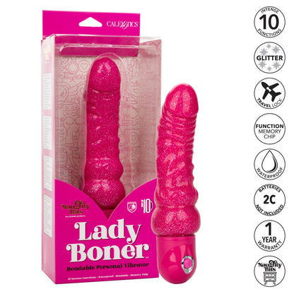 The Naughty Bits® Lady Boner™ Bendable Personal Vibrator - Pink glitter bendable vibrator with realistic veins and head, featuring 10 vibration functions and a waterproof design. Keywords: bendable glitter vibrator, Naughty Bits collection, pink glitter vibe, waterproof personal vibrator, realistic textured vibrator, 10-function vibrator, phthalate-free vibrator, flexible waterproof vibrator, travel-friendly vibrator.