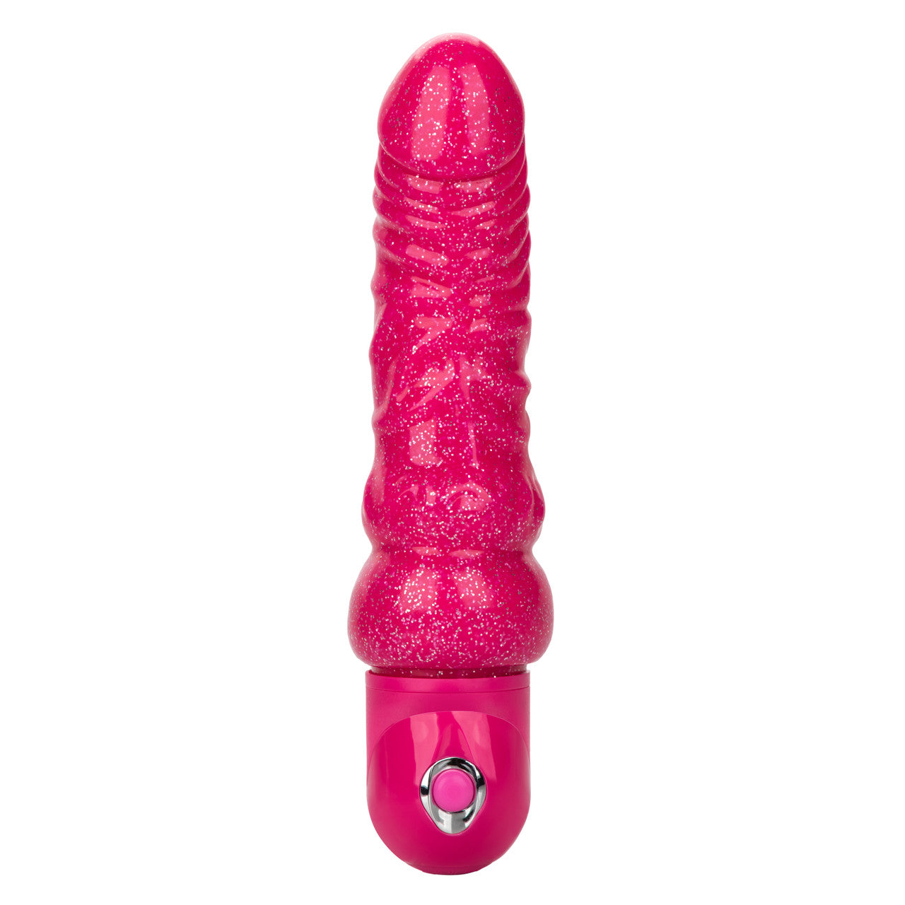 The Naughty Bits® Lady Boner™ Bendable Personal Vibrator - Pink glitter bendable vibrator with realistic veins and head, featuring 10 vibration functions and a waterproof design. Keywords: bendable glitter vibrator, Naughty Bits collection, pink glitter vibe, waterproof personal vibrator, realistic textured vibrator, 10-function vibrator, phthalate-free vibrator, flexible waterproof vibrator, travel-friendly vibrator.