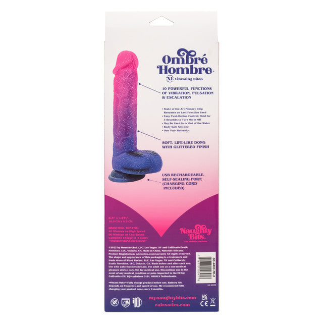 Pink and blue glitter ombré vibrating dildo with suction cup base, 10 vibration functions, and real-feel silicone shaft.
Keywords: vibrating dildo, glitter dildo, XL vibrating dildo, real-feel silicone dildo, suction cup vibrator, waterproof dildo, Naughty Bits collection, pink and blue ombré dildo, 10-function vibrator, rechargeable glitter dildo.