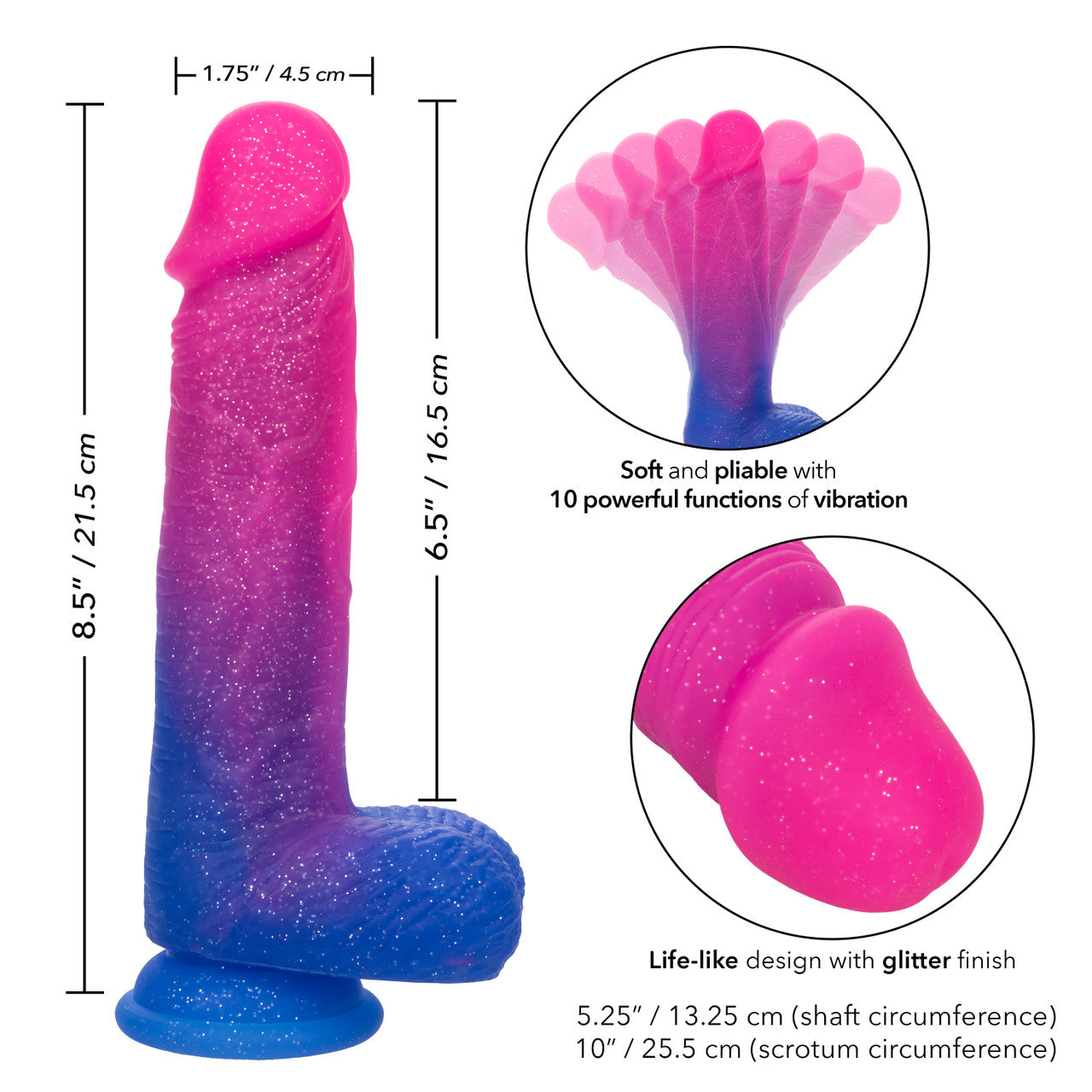 Pink and blue glitter ombré vibrating dildo with suction cup base, 10 vibration functions, and real-feel silicone shaft.
Keywords: vibrating dildo, glitter dildo, XL vibrating dildo, real-feel silicone dildo, suction cup vibrator, waterproof dildo, Naughty Bits collection, pink and blue ombré dildo, 10-function vibrator, rechargeable glitter dildo.