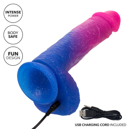 Pink and blue glitter ombré vibrating dildo with suction cup base, 10 vibration functions, and real-feel silicone shaft.
Keywords: vibrating dildo, glitter dildo, XL vibrating dildo, real-feel silicone dildo, suction cup vibrator, waterproof dildo, Naughty Bits collection, pink and blue ombré dildo, 10-function vibrator, rechargeable glitter dildo.