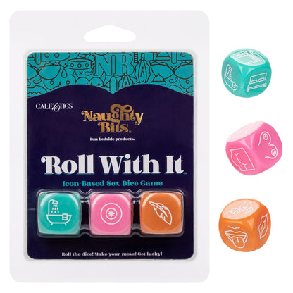 Naughty Bits® Roll With It™ Sex Dice Game with three acrylic dice for playful, seductive fun in the bedroom.

sex dice game, couples dice game, playful bedroom game, seductive dice set, acrylic sex dice, Naughty Bits collection, fun couples game, kinky dice game, bedroom play ideas