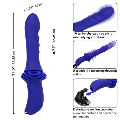 Ridged purple thrusting sex machine with 10 speeds, 5 thrusting levels, and hands-free suction cup.
Keywords: Overdrive sex machine, remote control thruster, ridged silicone shaft, vibrating sex machine, hands-free suction cup, rechargeable sex machine, thrusting vibrator, customizable pleasure machine, 10 speeds and 5 functions, luxury sex toy.