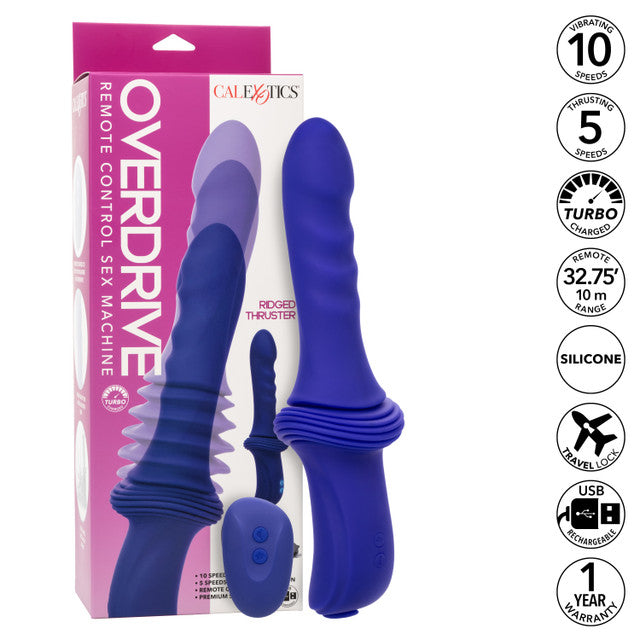 Ridged purple thrusting sex machine with 10 speeds, 5 thrusting levels, and hands-free suction cup.
Keywords: Overdrive sex machine, remote control thruster, ridged silicone shaft, vibrating sex machine, hands-free suction cup, rechargeable sex machine, thrusting vibrator, customizable pleasure machine, 10 speeds and 5 functions, luxury sex toy.