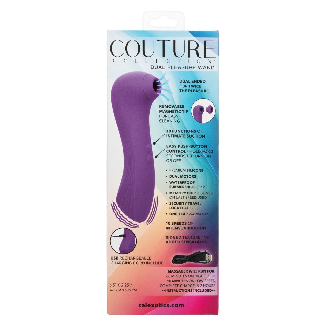 Purple dual-ended pleasure wand with 10 suction functions, 10 vibration speeds, and waterproof silicone design.
Keywords: dual pleasure wand, Couture Collection, silicone massager, waterproof vibrator, suction and vibration toy, USB rechargeable wand, luxury adult toy, customizable massager, IPX7 waterproof, dual-ended wand