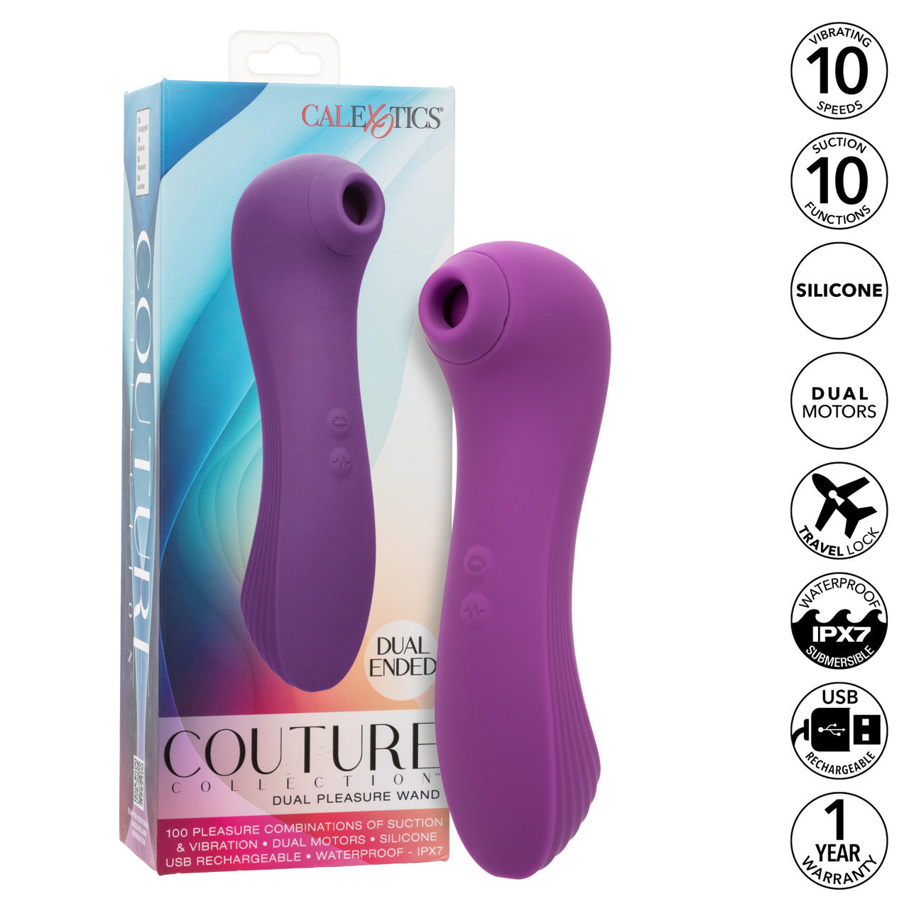 Purple dual-ended pleasure wand with 10 suction functions, 10 vibration speeds, and waterproof silicone design.
Keywords: dual pleasure wand, Couture Collection, silicone massager, waterproof vibrator, suction and vibration toy, USB rechargeable wand, luxury adult toy, customizable massager, IPX7 waterproof, dual-ended wand