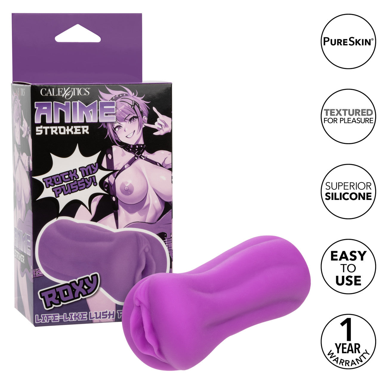 Roxy purple Pure Skin® masturbator with textured chamber and superior suction for lifelike solo pleasure.
Keywords: anime, lifelike masturbator, Pure Skin material, textured stroker, waterproof masturbator, phthalate-free stroker, closed-end suction, anime-themed stroker, realistic male stroker, solo pleasure toy