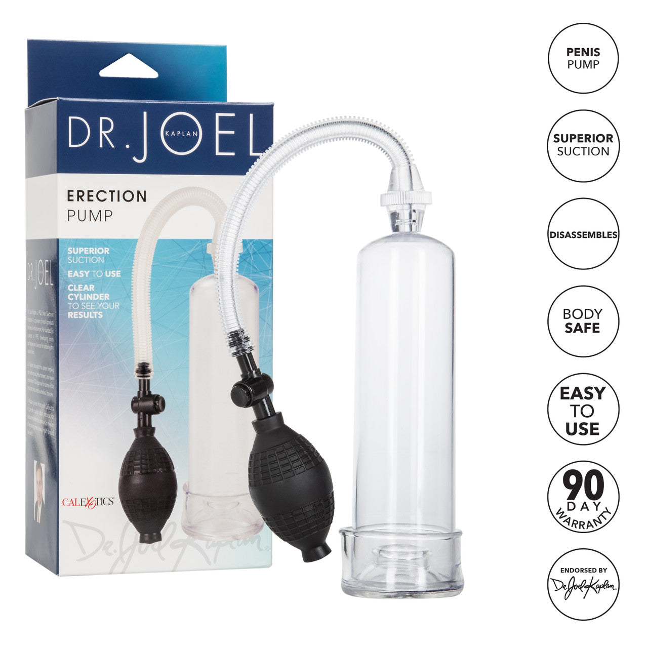 Clear cylinder erection pump with adjustable suction, soft donut, and quick air-release button. 

Dr. Joel Kaplan erection pump, clear cylinder penis pump, girth enhancement pump, stamina booster pump, adjustable suction pump, quick air-release penis pump, phthalate-free erection pump, easy-clean penis pump, beginner penis pump, soft donut penis pump.