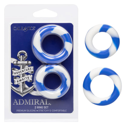 Admiral® 2 Ring Set with premium silicone, blue and white design, seamless fit, and waterproof durability.

Keywords: silicone enhancer rings, stretchy cock rings, stamina rings, performance booster rings, waterproof cock rings, phthalate-free rings, body-safe silicone rings, blue and white cock rings, pleasure-enhancing rings.