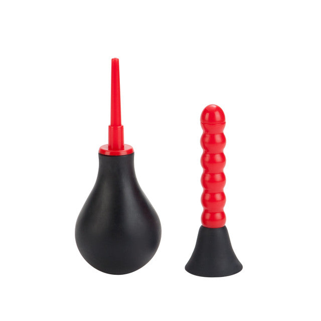 COLT Anal Douche with black EZ squeeze bulb and two red attachments, including straight and beaded nozzles, for effective hygiene and sensual stimulation.

