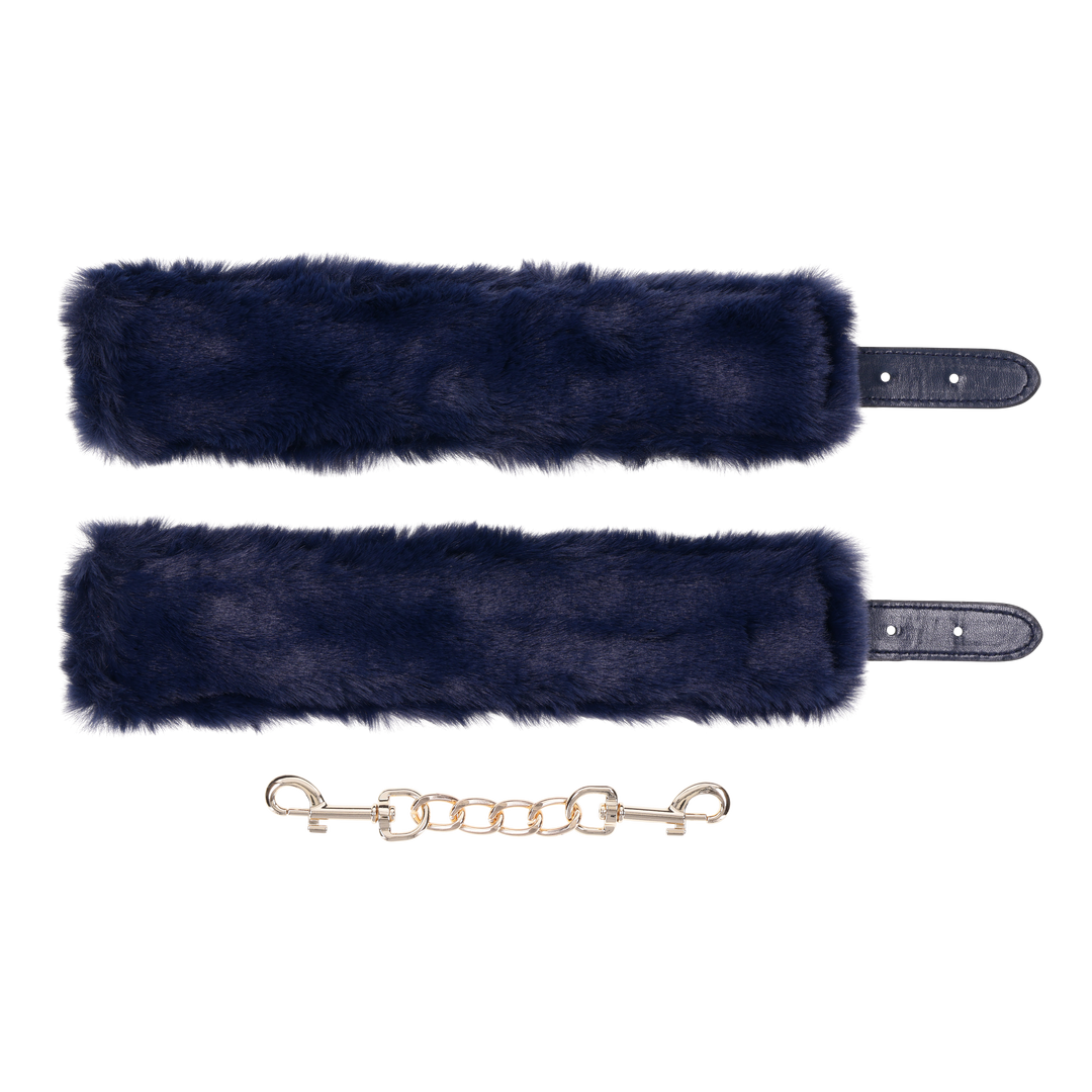 Cougar Fur Handcuffs with soft blue faux fur lining, gold-plated hardware, and adjustable buckle cuffs for elegant bondage play.