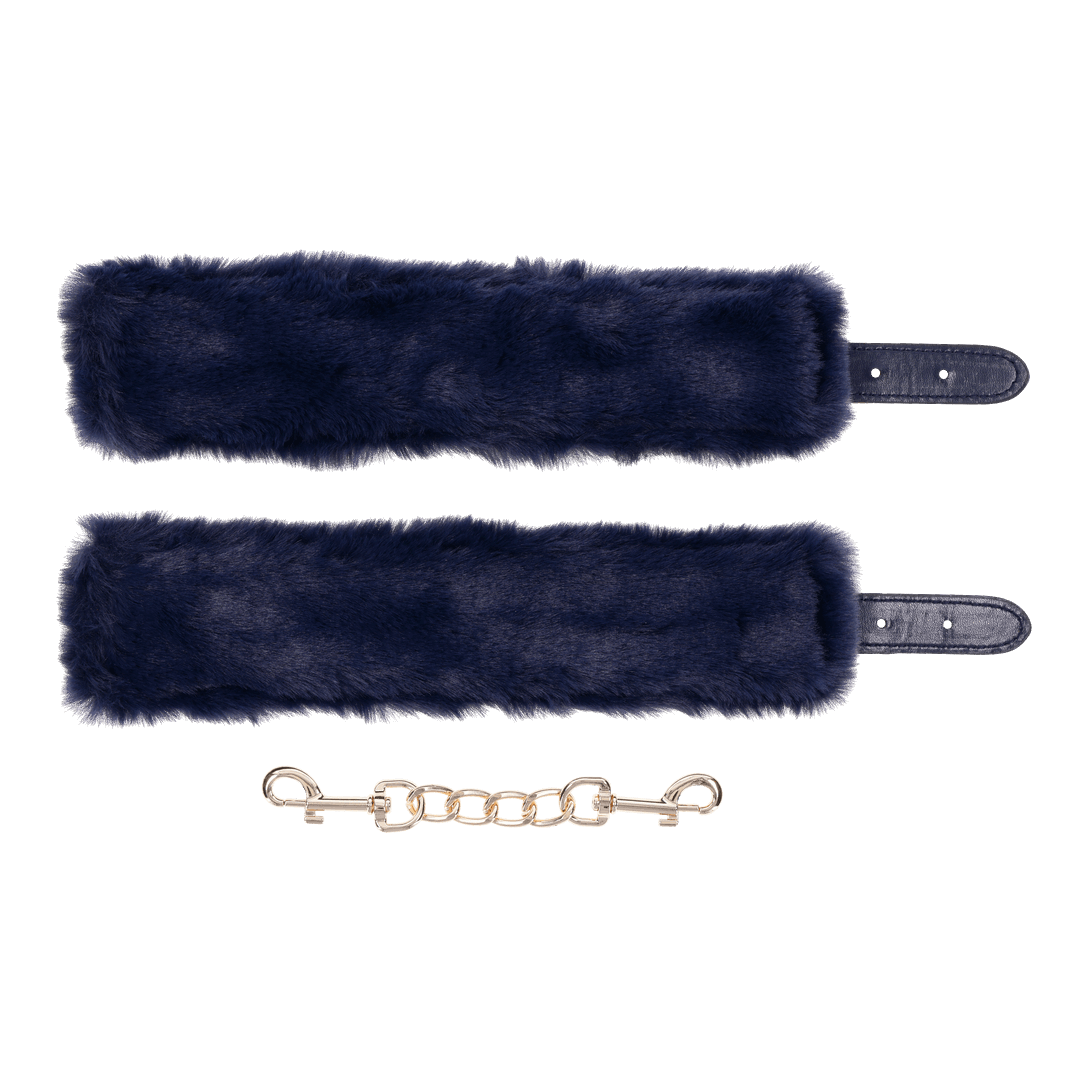 Cougar Fur Handcuffs with soft blue faux fur lining, gold-plated hardware, and adjustable buckle cuffs for elegant bondage play.