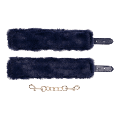 Cougar Fur Handcuffs with soft blue faux fur lining, gold-plated hardware, and adjustable buckle cuffs for elegant bondage play.