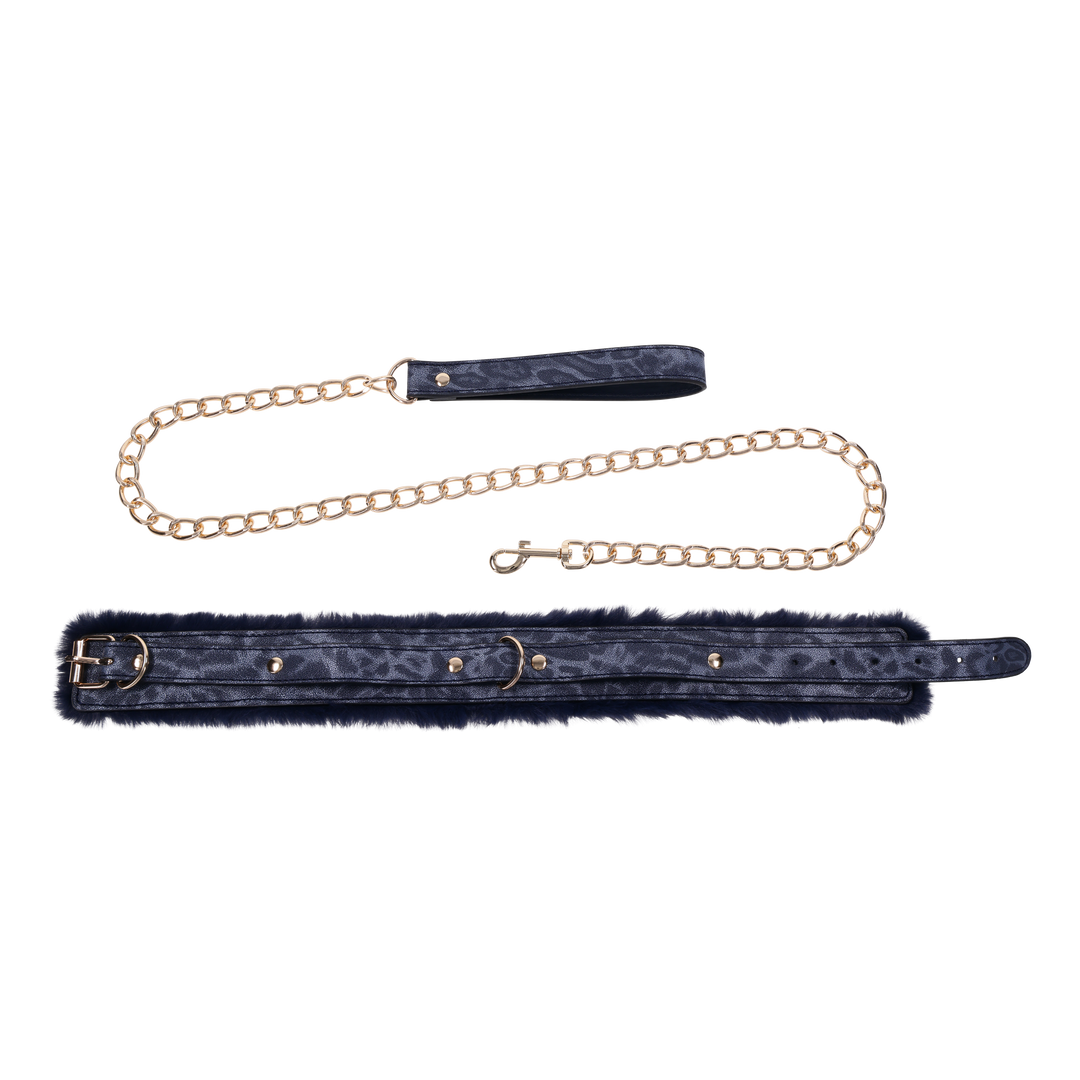 Cougar Fur Collar & Leash with royal blue faux fur lining, adjustable faux leather collar, and gold-plated leash for luxurious play.