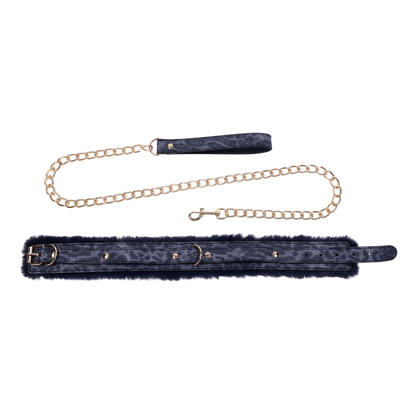 Cougar Fur Collar & Leash with royal blue faux fur lining, adjustable faux leather collar, and gold-plated leash for luxurious play.