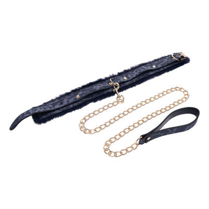 Cougar Fur Collar & Leash with royal blue faux fur lining, adjustable faux leather collar, and gold-plated leash for luxurious play.