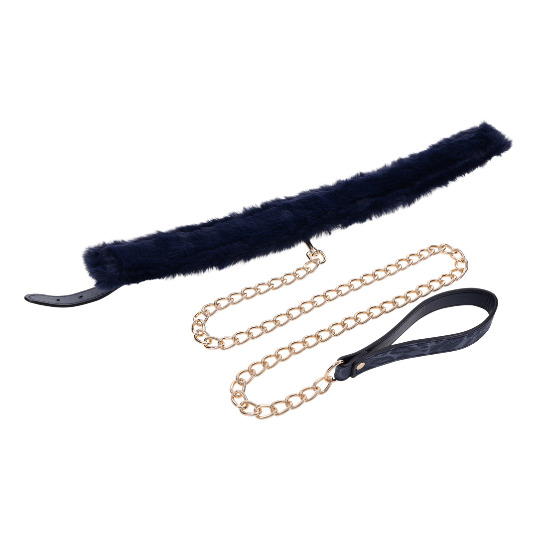 Cougar Fur Collar & Leash with royal blue faux fur lining, adjustable faux leather collar, and gold-plated leash for luxurious play.