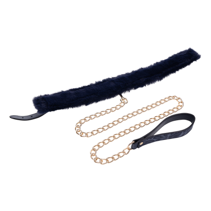 Cougar Fur Collar & Leash with royal blue faux fur lining, adjustable faux leather collar, and gold-plated leash for luxurious play.