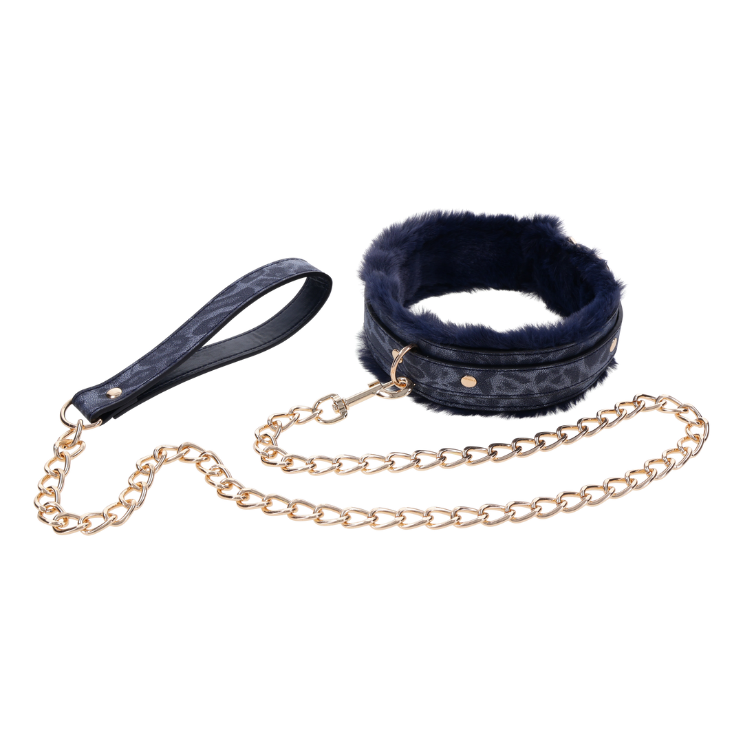 Cougar Fur Collar & Leash with royal blue faux fur lining, adjustable faux leather collar, and gold-plated leash for luxurious play.